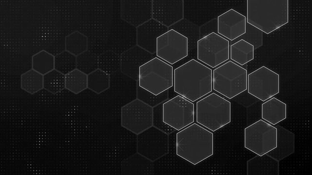 Abstract hexagonal grid on dark background with glowing outlines and digital dotted texture animation