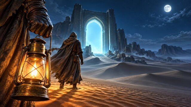 Figure in robe approaches glowing desert archway at night. Full moon illuminates vast sand dunes under a starry sky. This scene suggests a journey into the unknown or a spiritual quest