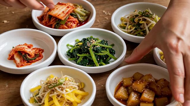 Hands arranging small white bowls of traditional Korean banchan side dishes on a wooden table, including kimchi, seasoned spinach, and bean sprouts, showcasing authentic culinary culture