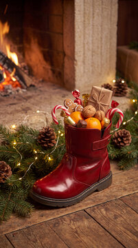 Saint Nicholas Day red boot filled with oranges, cookies, candy canes, and gifts beside a rustic fireplace and evergreen branches