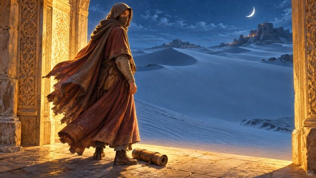 Figure in robe approaches glowing desert archway at night. Full moon illuminates vast sand dunes under a starry sky. This scene suggests a journey into the unknown or a spiritual quest