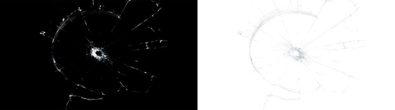 Bullet hole in cracked glass texture overlay. Shattered window fracture with radial cracks. Transparent visual effect element