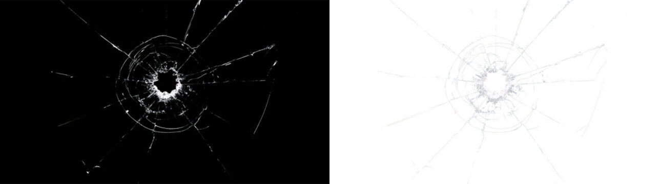 Bullet hole impact on shattered glass pane with sharp cracks. Cracked window texture overlay on black and transparent background