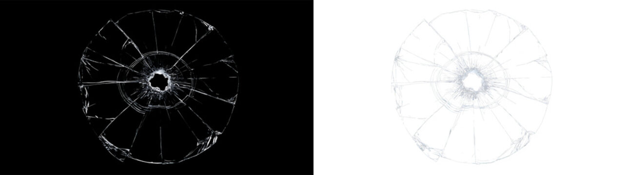 Bullet hole with circular cracked glass texture. Shattered window impact fracture overlay on transparent and black background
