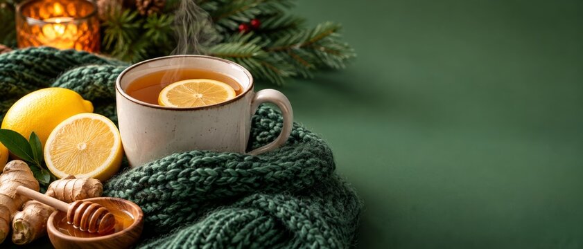 Steaming cup of lemon tea with ginger and honey. Cozy winter beverage for comfort and health. Warm drink against a festive green background with copy space. banner format