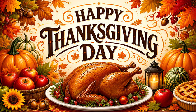 Vector Thanksgiving Greeting Card, decorative poster with cartoon design thanksgiving composition with cooked delicious turkey, horizontal placard with words happy thanksgiving day on white background