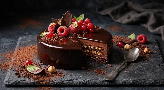 Luxury chocolate mirror glaze cake with raspberries redcurrants and hazelnuts on slate