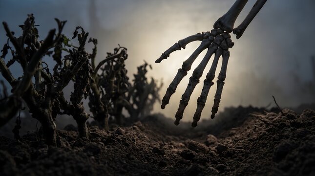 Spooky Skeleton Hand Reaching Over Dead Soil in Foggy Night