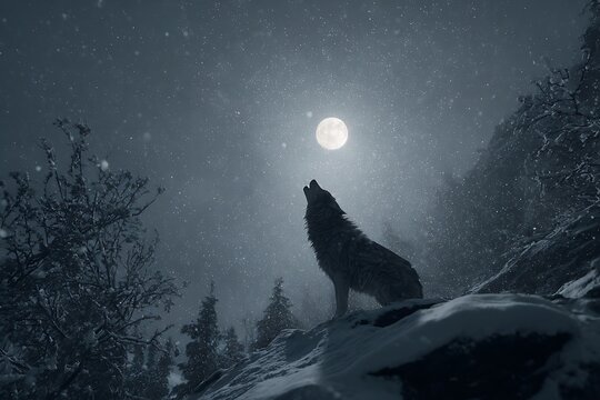 A lone wolf howling at the moon in a snowy winter landscape under a dark sky.