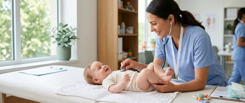 Smiling nurse examines happy baby with stethoscope in medical exam room