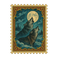 Obraz premium PNG Vintage wolves howling illustration