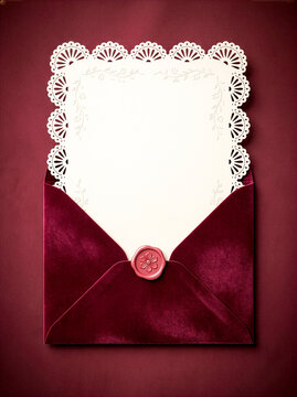 Elegant burgundy velvet envelope with pink wax seal and blank lace-cut wedding invitation card