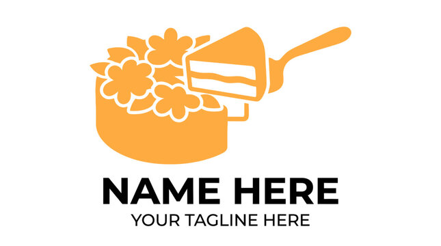 Orange cake with flowers and slice being served, vector logo design