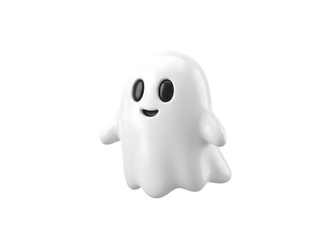White ghost cartoon character with a smiling face isolated on white background, 3D illustration for Halloween