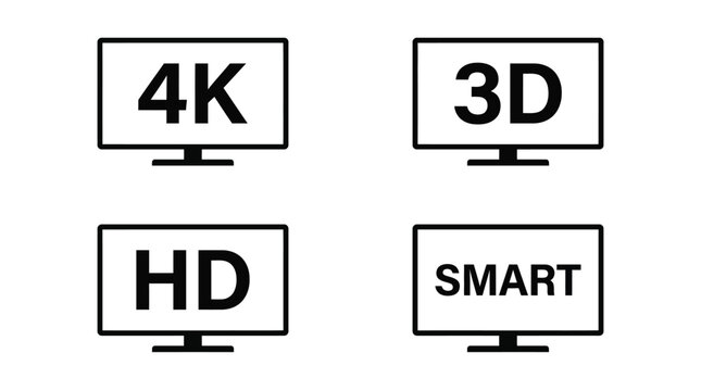 Television screen vector graphic set displaying modern resolution technologies like ultra HD and smart TV formats