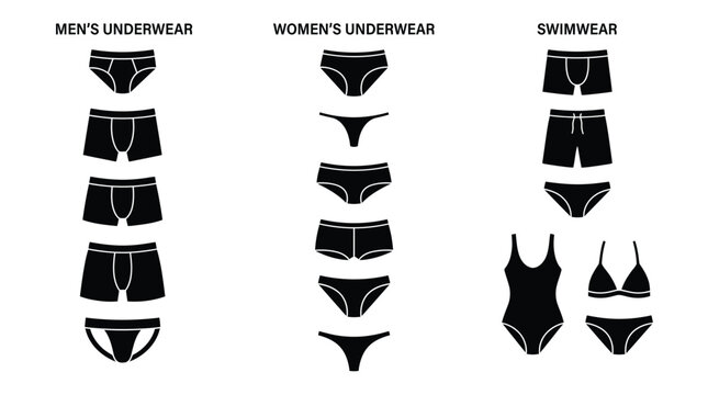 Black vector graphic illustration showing various types of men and women underwear and swimwear styles