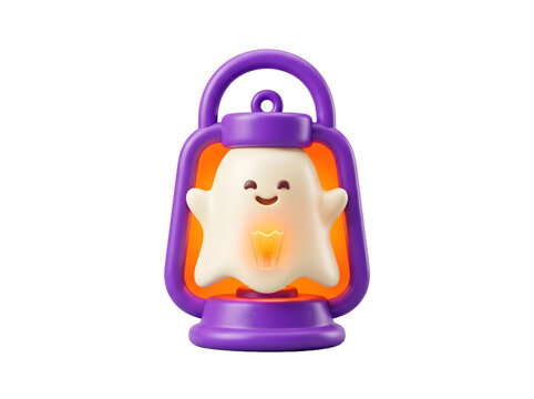 Halloween ghost lantern toy featuring a smiling white ghost figure inside a purple frame with warm orange glow, isolated on a clean white background