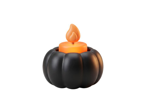 Black pumpkin candle holder with orange LED tea light candle isolated on white background for Halloween decoration