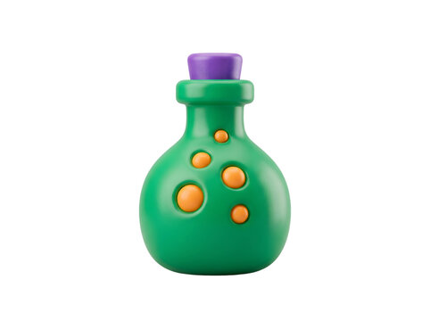 Green potion bottle with purple cork and orange bubbles, 3d render magic elixir icon isolated on white background