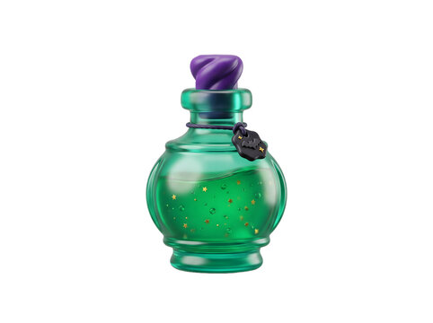 Magic potion bottle with glowing green liquid and purple stopper isolated on a white background