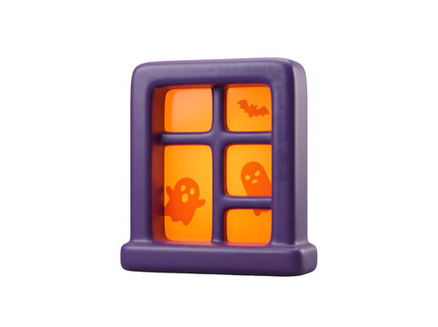 Purple toy window frame with glowing orange light showing spooky ghosts and bat silhouettes for Halloween decoration