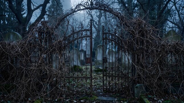 Eerie Wrought Iron Gate of an Abandoned Foggy Graveyard