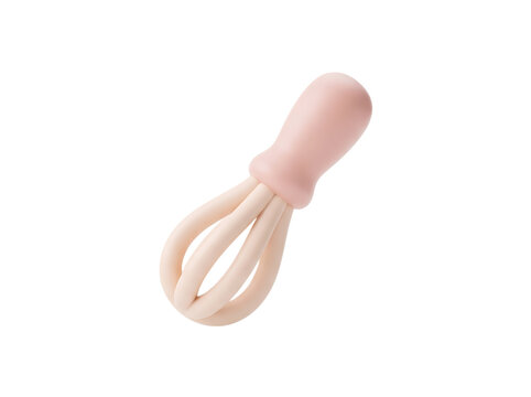 Miniature kitchen whisk toy with pink handle isolated on a white background, 3D style render of a baking utensil icon