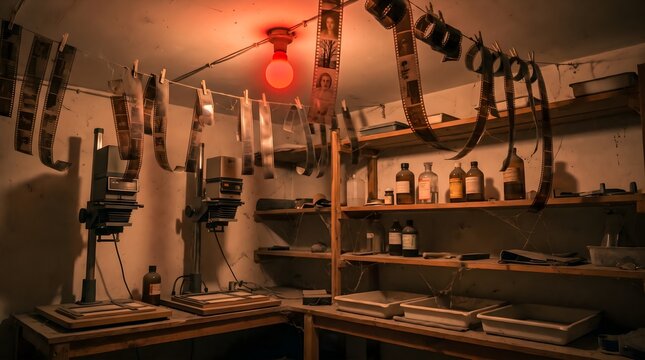 Vintage Photographic Darkroom with Red Safelight and Film Strips