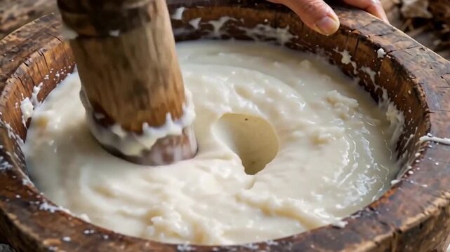 Close up of a person pounding white sticky dough in a traditional rustic large wooden mortar using a heavy wooden pestle to prepare food