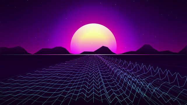 Neon Wireframe Terrain Moves Toward A Glowing Synthwave Sun And Mountain Silhouettes In A Retro Eighties Digital Animation