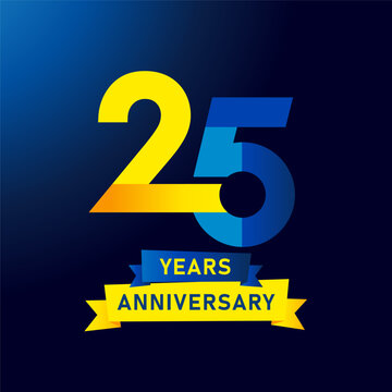 25 years anniversary gradient style numbers. Vector 25th years since logo for company anniversary with yellow and blue ribbons isolated on blue background