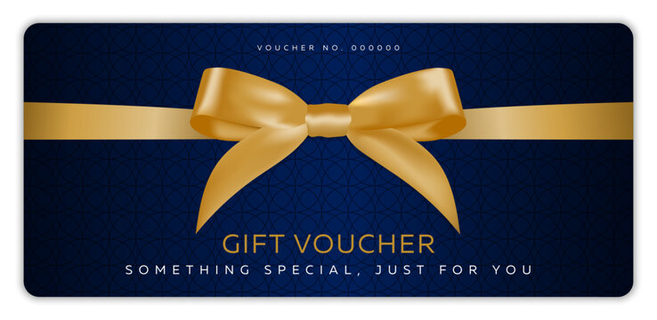 Navy gift voucher card with gold satin ribbon and bow