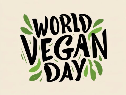 World vegan day stylized text with leaf design