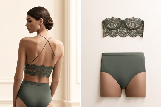 Luxury olive green lace lingerie set with crisscross strap bralette and high waist briefs on model back view, flat lay split screen.