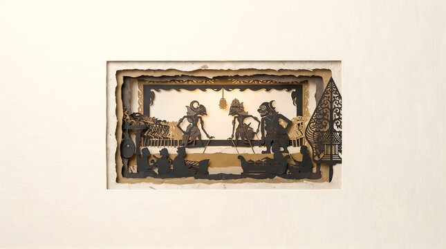 Artistic handcrafted illustration of Wayang Kulit traditional shadow puppet theater show, representing UNESCO intangible cultural heritage from Java, Indonesia.