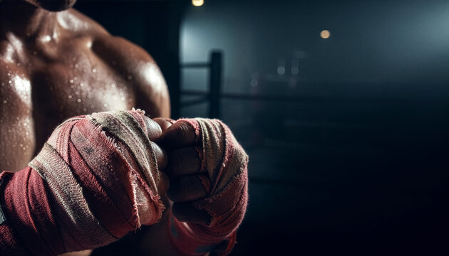 A sweaty fighter holds his fists together, wrapped in worn bandages inside a dark boxing ring.