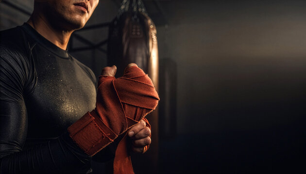 A focused fighter carefully wraps his hand with a red bandage next to a heavy punching bag.