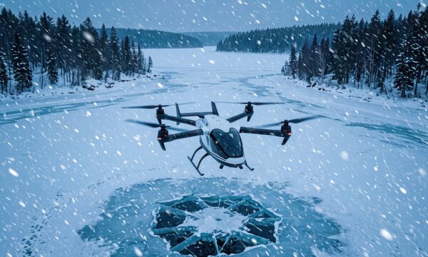 The vtol air taxi hovers above the frozen lake, showcasing its advanced technology and design. Snowflakes fall softly around the vtol air taxi, creating a serene winter landscape.