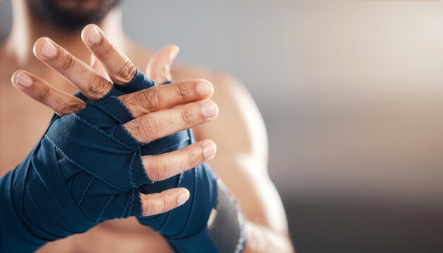A fighter prepares by wrapping his hands in blue bandages, with some fingers partially obscured.