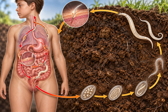 Threadworm Life Cycle and Human Autoinfection Diagram