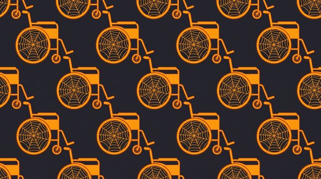 Spooky Halloween seamless pattern with orange wheelchairs and spiderwebs