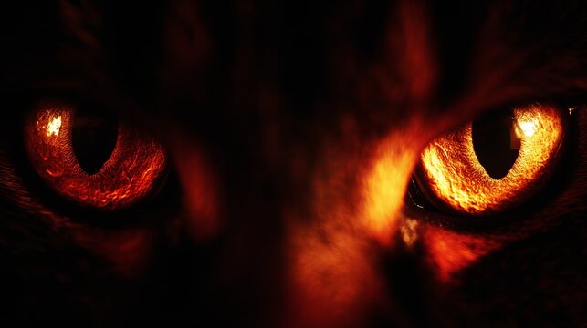 Fiery glowing cat eyes staring intensely in the dark with dramatic lighting and close up macro shot details