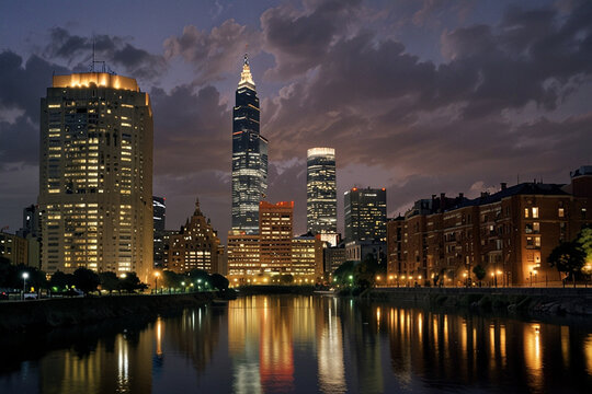 Illuminated city skyline at night with water reflection