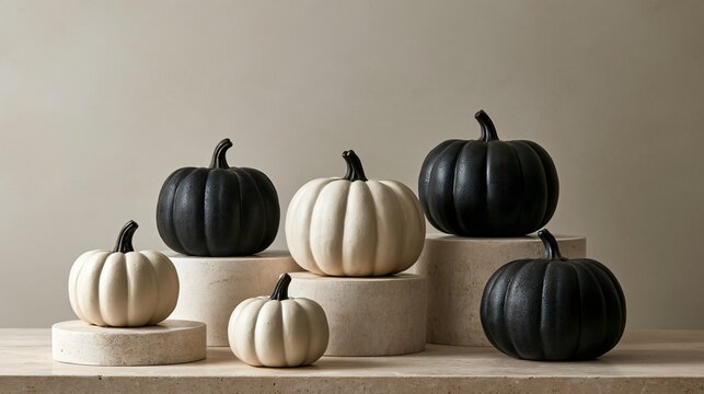 Decorative pumpkin backgrounds use sculptural ceramic pumpkins in matte ivory and charcoal rather than natural produce, arranged on pale stone platforms for a contemporary interior-design aesthetic