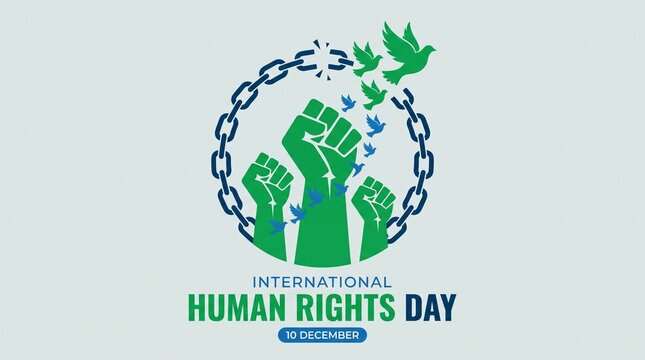 International Human Rights Day design with raised fists and breaking c