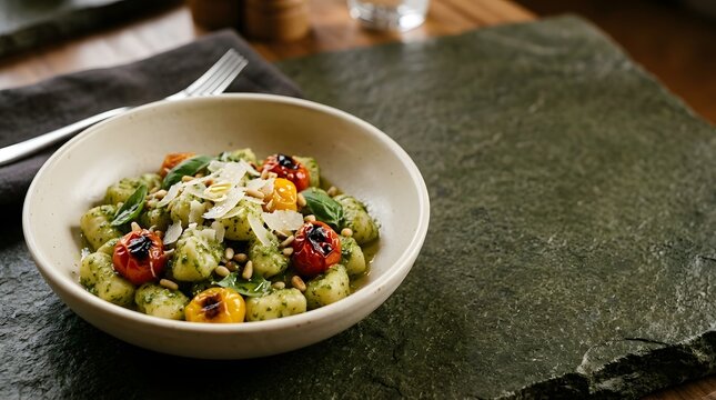 A bowl of fresh potato gnocchi with pesto sauce roasted cherry tomatoes and grated parmesan cheese