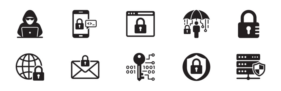 Cybersecurity and data privacy icon set. Anonymous hacker at laptop, secure mobile phone, web browser lock, user umbrella protection, closed padlock, global internet lock. Vector illustration.