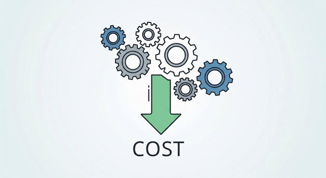 Cost reduction concept with gears and downward arrow