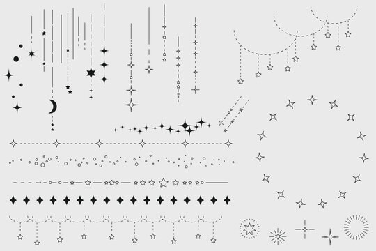 星空をイメージしたシンプルな飾り罫線・ラインのイラストセット　キラキラ　点線