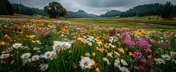 Obraz premium Mixed wildflower meadow with daisies beneath a cloudy rural sky